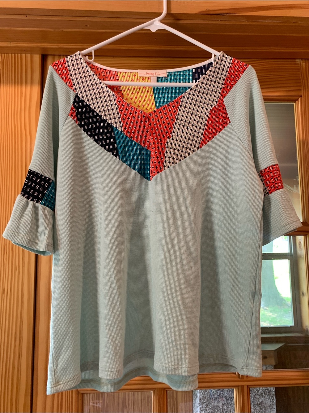 Womens Hailey & Co Mixed Media Teal Patchwork Ruffle Short Sleeve Shirt Blouse M